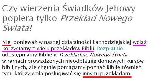 Informacja na stronie Świadków Jehowy